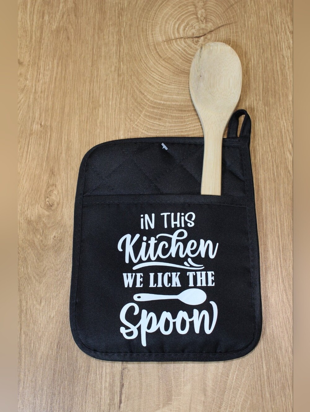 Handmade Black Kitchen Potholder With Wooden Spoon